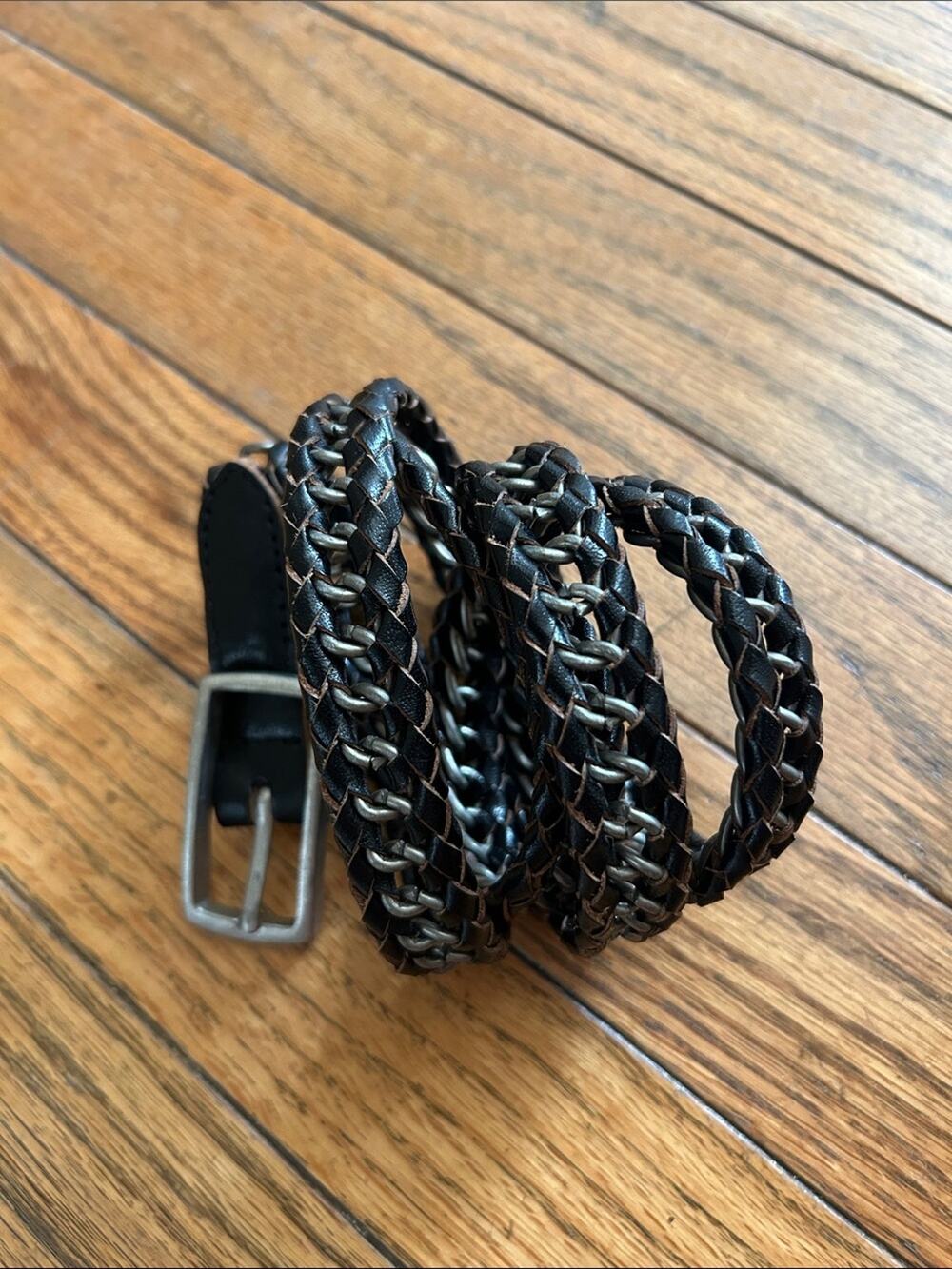Pistil Women’s Black Braided Leather and Chain Belt with Silver Buckle, Size S